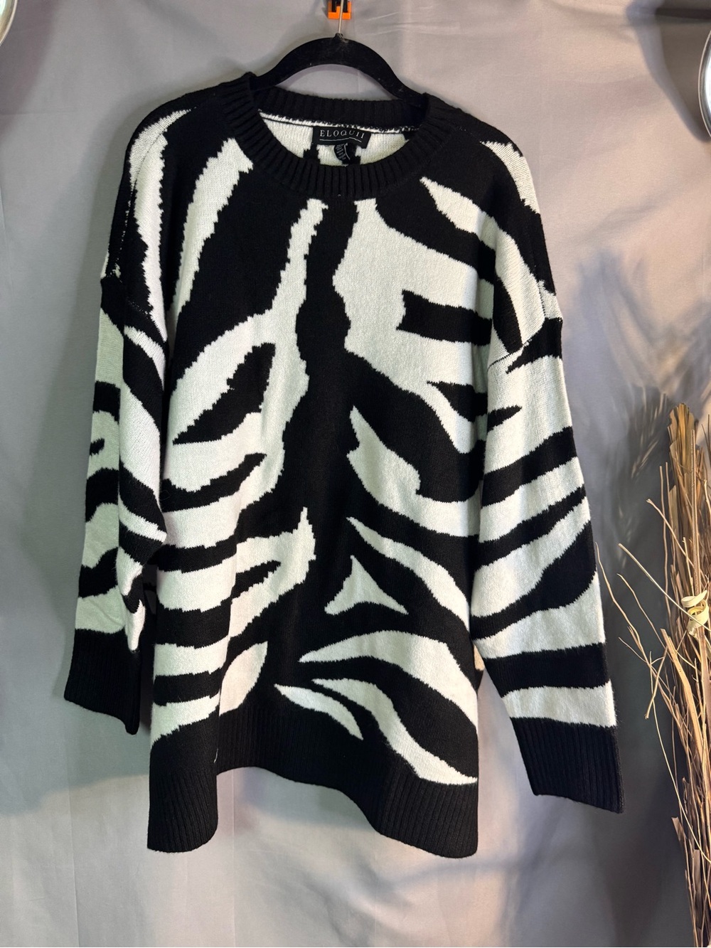 Eloquii Black and White Zebra-Print Crewneck Sweater